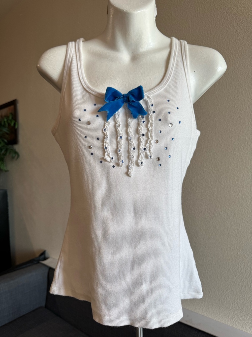 Victoria's Secret White Tank with Bright Blue Bow & Rhinestones